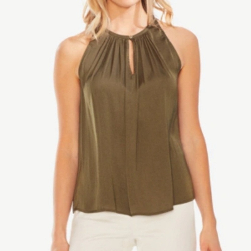VINCE CAMUTO  Sleeveless Twist Strap Keyhole Blouse Olive Small Flowy Business